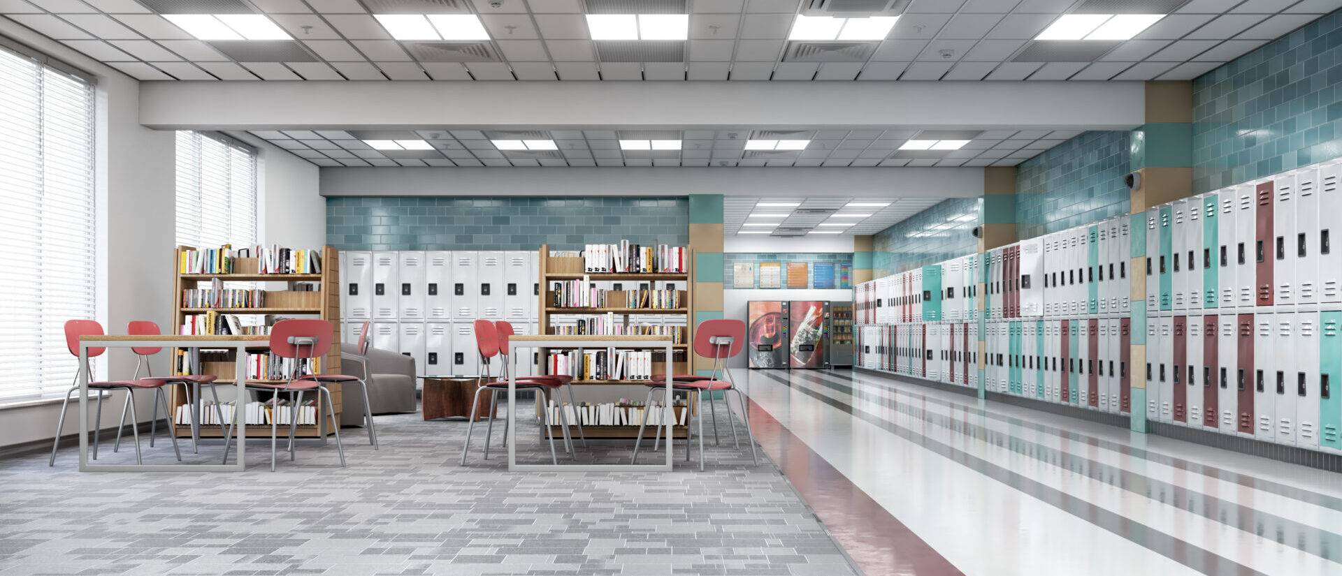 Long school corridor with white, red, green lockers and rest zone, 3d illustration